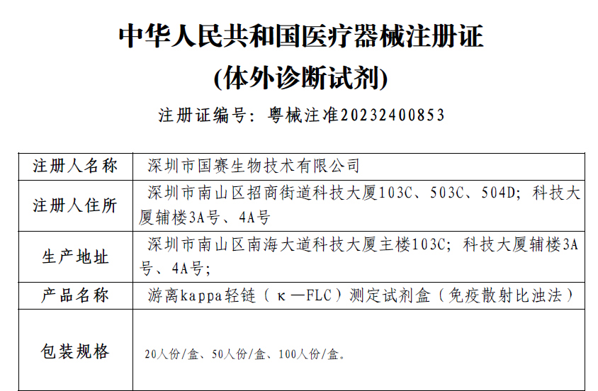 喜訊！國賽生物游離輕鏈測定試劑盒獲證！